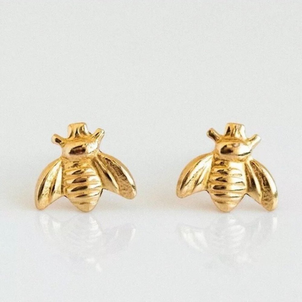 New 18K Yellow Gold Stud Bee Earrings - Picture 5 of 5